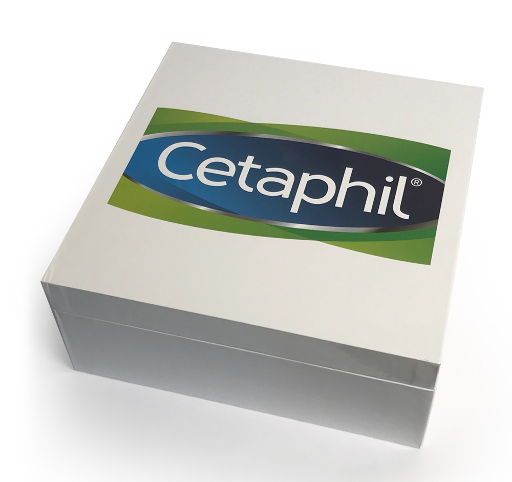 Cetaphil video box shown closed. Features a four color process logo and a gloss UV finish.