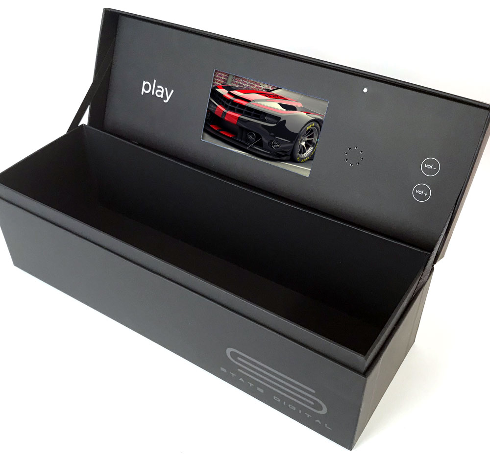 Stats digital video box features a matte soft touch finish and a spot varnish